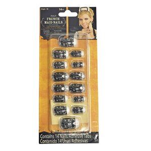 French Maid Nails Jewel Accents White Tips Stick On Black Costume Halloween